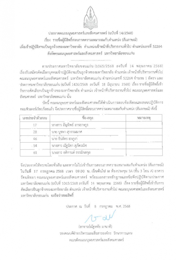 รายชื่อผู้มีสิทธิ์สอบภาความเหมาะสมกับตำแหน่ง(สัมภาษณ์) เพื่อเข้าปฏิบัติงานเป็นลูกจ้างของมหาวิทยาลัย ตำแหน่งเจ้าที่บริหารงานที่วไปสังกัดคณะมนุษยศาสตร์และสังคมศาสตร์ มหาวิทยาลัยขอนแก่น