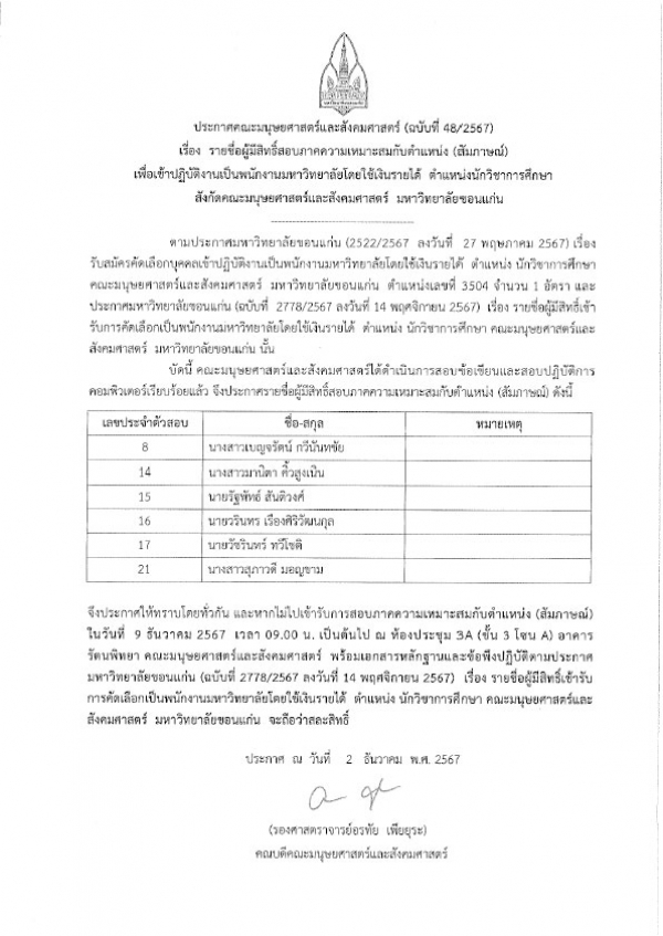 ประกาศรายชื่อผู้มีสิทธิ์สอบภาคความเหมาะสมกับตำแหน่ง(สัมภาษณ์)  เพื่อเข้าปฏิบัติงานเป็นพนักงานมหาวิทยาลัยโดยใช้เงินรายได้ ตำแหน่งนักวิชาการศึกษา