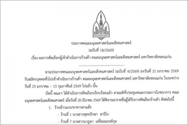 ผลการคัดเลือกผู้เข้าดำเนินการร้านค้า คณะมนุษยศาสตร์และสังคมศาสตร์ มข.